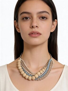 Multi-Strand Beige and Blue Beaded Necklace - Women Jewelry